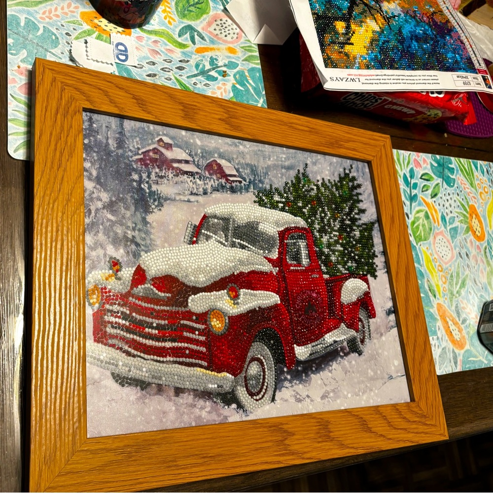 11x14 diamond dot holiday picture os red truck with tree in back. Set in wood